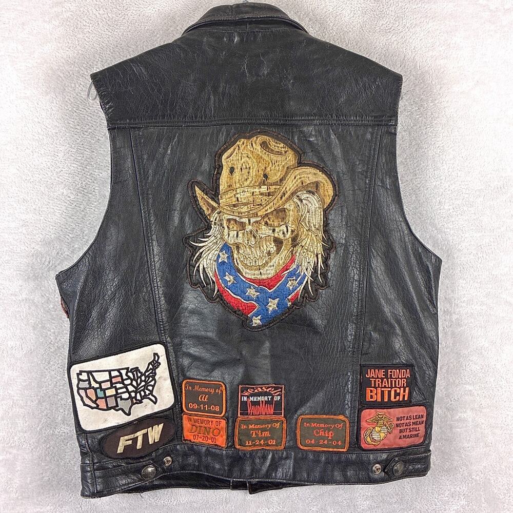 VTG US Marine Veteran Leather Motorcycle Jacket Mens XL Embroidered Patchwork
